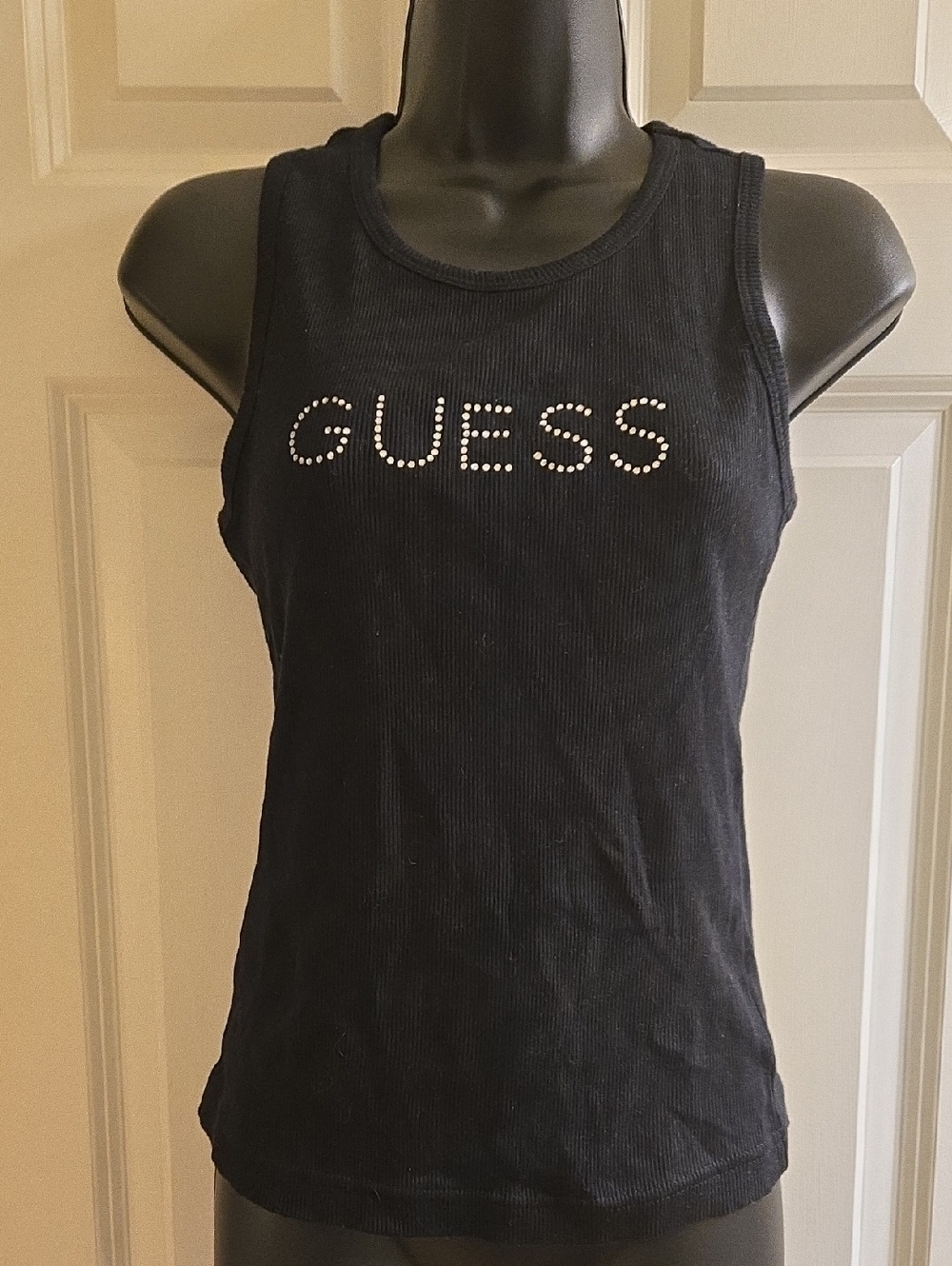 Vintage Y2K Guess Jeans Tank Top L Rhinestone Ribbed Black Sleeveless Racerback